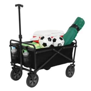 Compact Outdoor Folding Utility Wagon, Black Portable Shopping Cart Heavy Duty Steel Frame Allows Loads Up To 150 Pounds