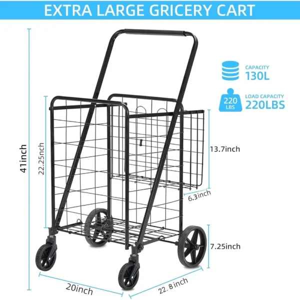 Folding Shopping Cart with Wheels 360 Degree Rolling Swivel Grocery Carts withCompact Utility Cart 220lb Capacity Market Cart - Image 2