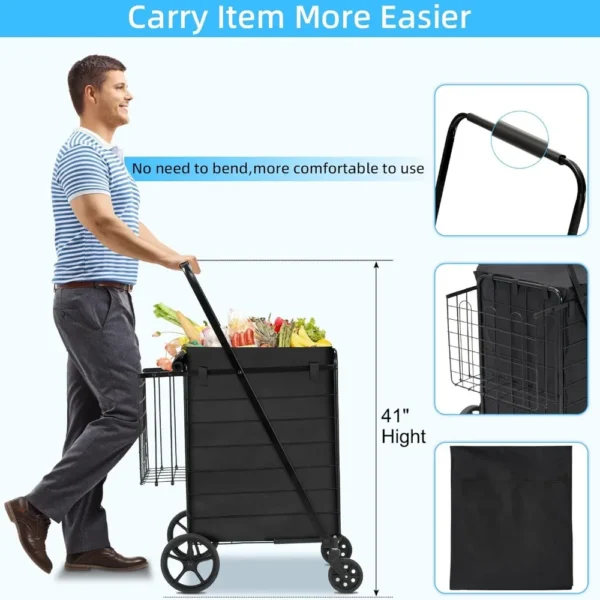Folding Shopping Cart with Wheels 360 Degree Rolling Swivel Grocery Carts withCompact Utility Cart 220lb Capacity Market Cart - Image 3