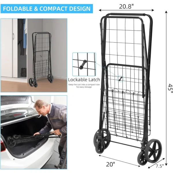 Folding Shopping Cart with Wheels 360 Degree Rolling Swivel Grocery Carts withCompact Utility Cart 220lb Capacity Market Cart - Image 5