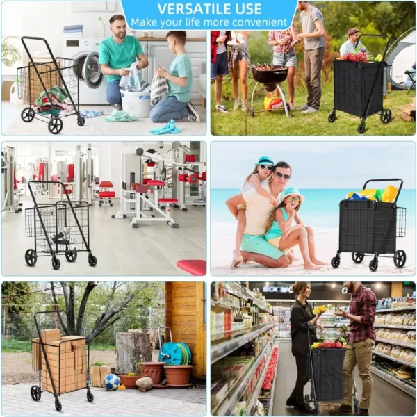 Folding Shopping Cart with Wheels 360 Degree Rolling Swivel Grocery Carts withCompact Utility Cart 220lb Capacity Market Cart - Image 6