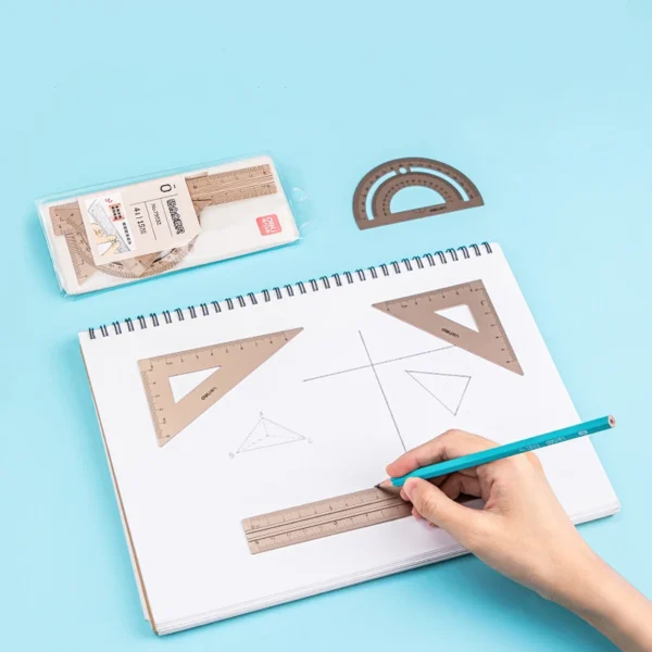 DELI Aluminum Drafting Set 4 PCS Ruler Set for School Straight Ruler Triangular Protractor Stationery - Image 2