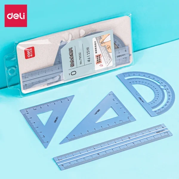 DELI Aluminum Drafting Set 4 PCS Ruler Set for School Straight Ruler Triangular Protractor Stationery - Image 5
