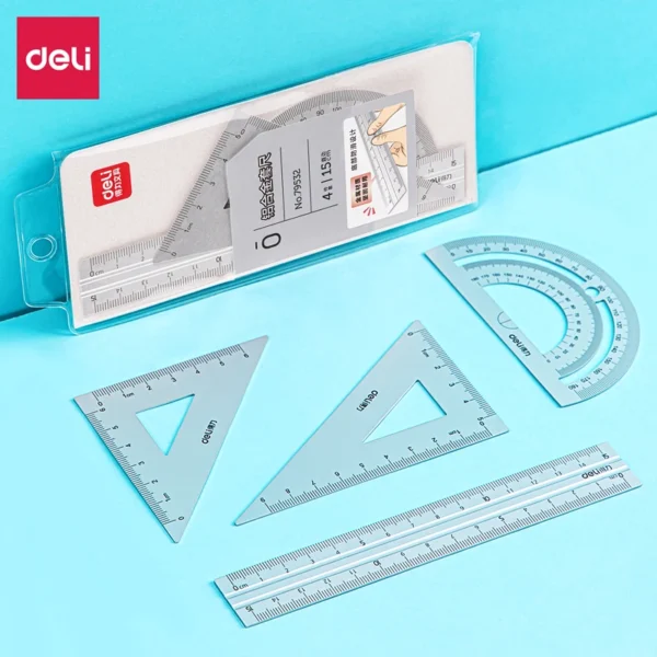 DELI Aluminum Drafting Set 4 PCS Ruler Set for School Straight Ruler Triangular Protractor Stationery - Image 6