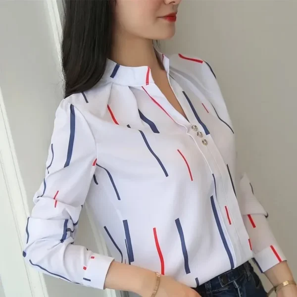 White Tops Blouses Stripe Print Casual - Image 2
