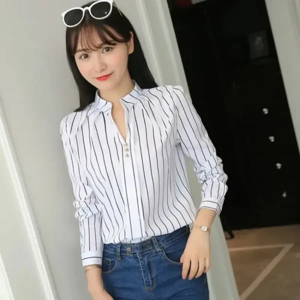 White Tops Blouses Stripe Print Casual - Image 3