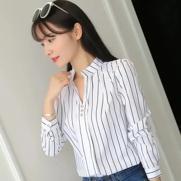 White Tops Blouses Stripe Print Casual - Image 4