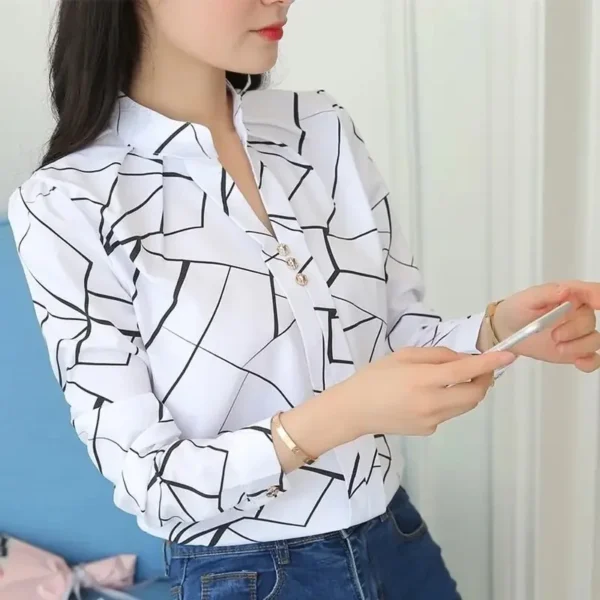 White Tops Blouses Stripe Print Casual - Image 5